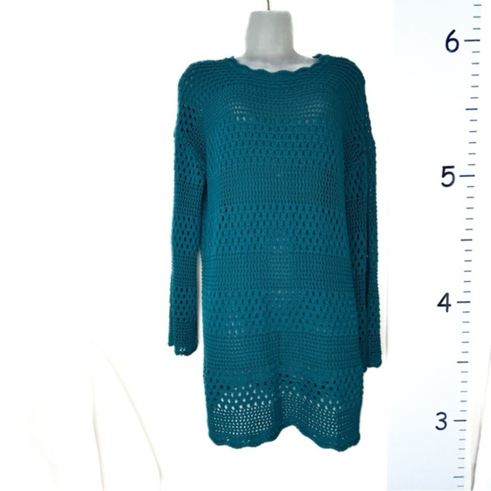 Teal Crochet Lace Open Weave Tunic Beach Festive Swim Cover Up Large